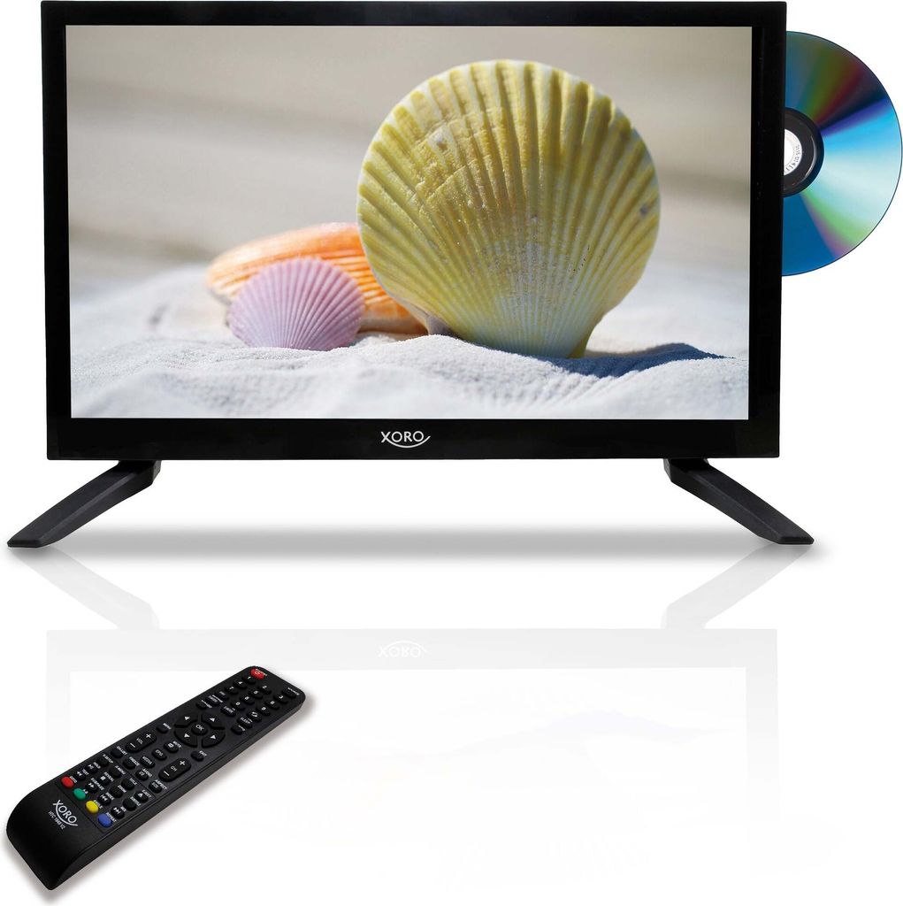 A black LED TV with a DVD player and a remote control.