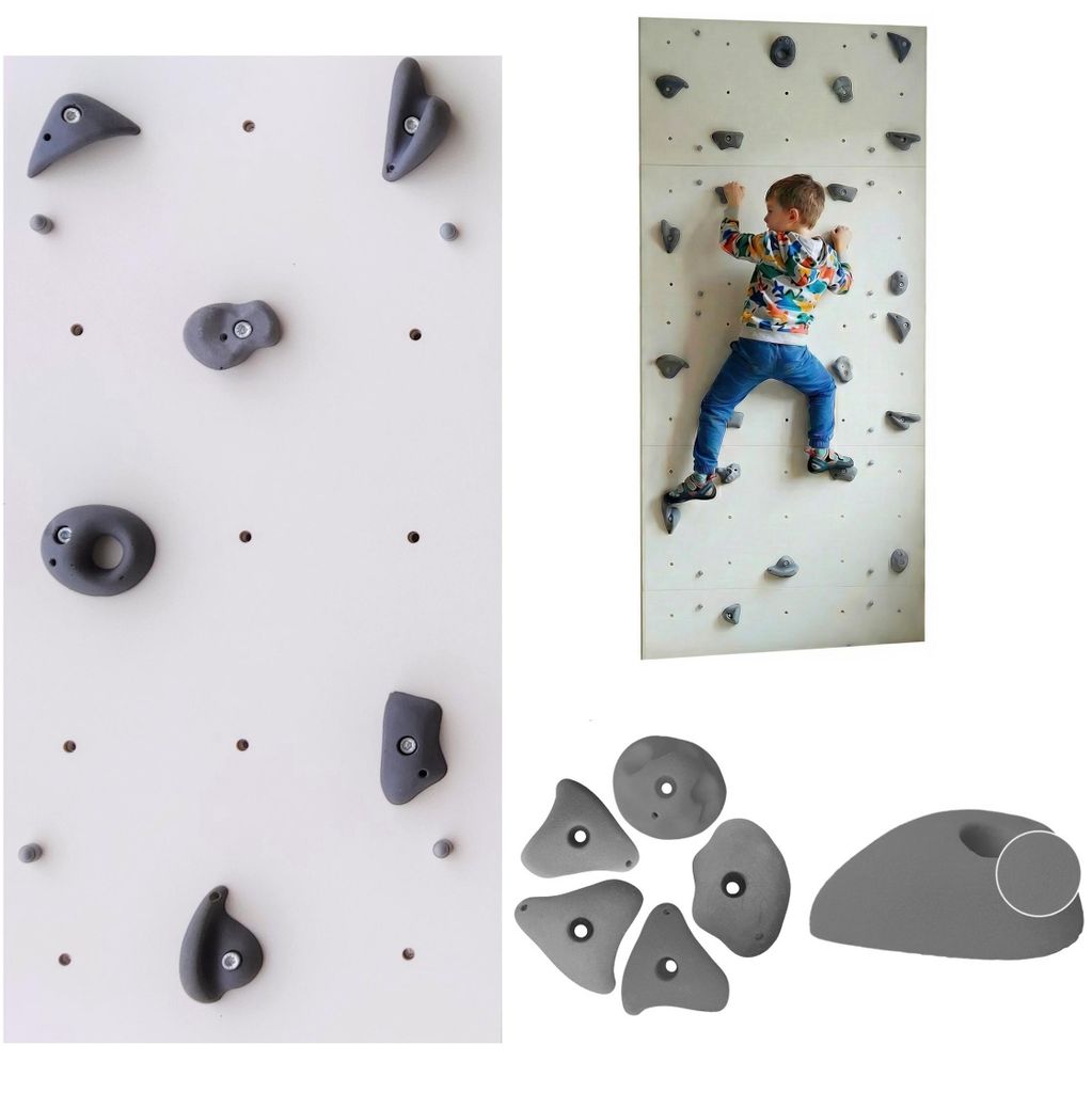 Create for you - Kletterwand für Kinderzimmer - Weiß - Indoor - Heimklettergerüst - Wandpaneel 100x50 cm - mit 5 Griffen/Steinen grau -Spielplatz