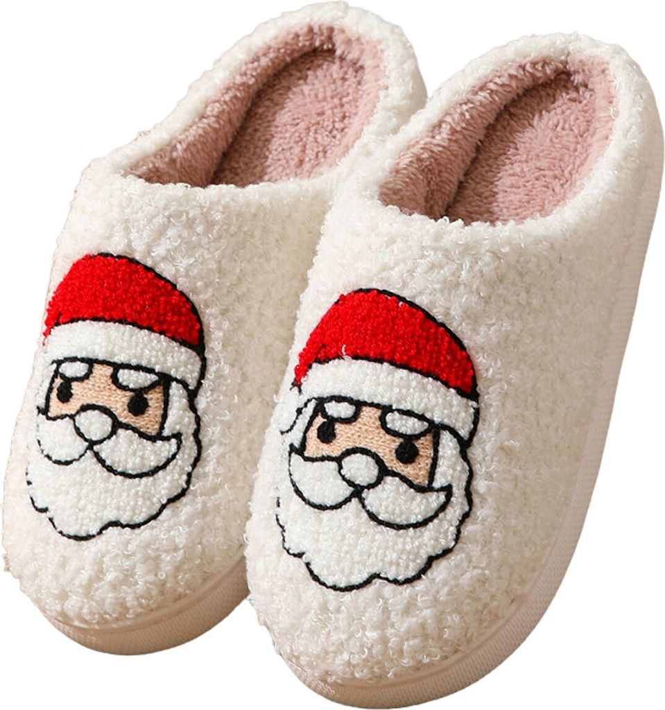 ASKSA Weihnachten Rentier Hausschuhe Winter Pluesch Pantoffeln Hausschuhe Warme Slippers, Weiss, Groesse: 36-37