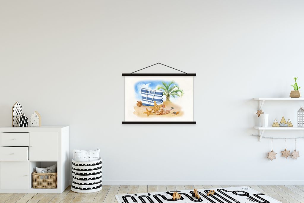 MuchoWow Textilposter Palme - Tasche - Muscheln 90x60 cm mit schwarzem Rahmen - Aufhängungssatz