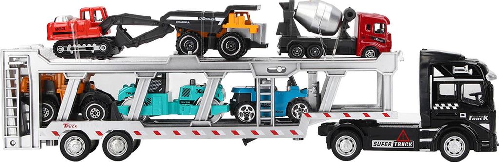 7-in-1-Transport-LKW-Spielzeug-Legierung, Rückziehfunktion, Trägermodell mit 6 kleinen technischen Fahrzeugen, 12,6 Zoll, schwarz, modernes Fahrzeug