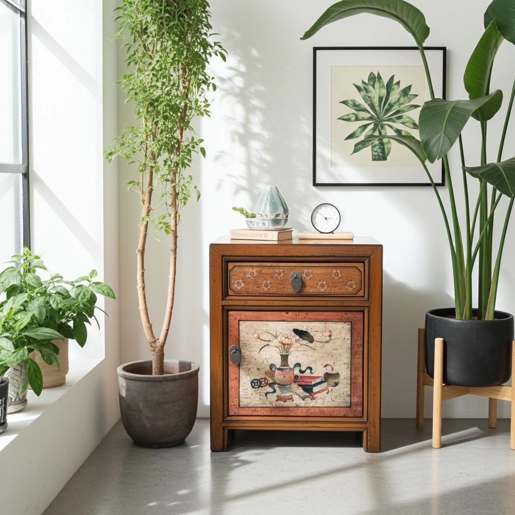 Chinesisches Nacht-Schränkchen asiatischer Nachttisch Kleiner Nacht-Schrank orientalische Schlafzimmer-Kommode Konsole braun-beige, komplett montiert