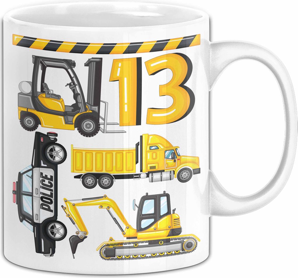 13. Geburtstag Geschenk Tasse Becher Jungen Jungs Baustelle Polizei Geburtstagsgeschenk 13 Teenager (Weiß)