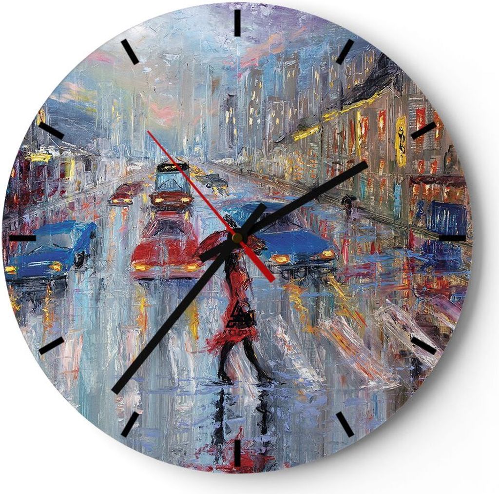 Wanduhr - Rund - Glasuhr - Acryl Stadt Regen - 30x30cm - Produktbild 