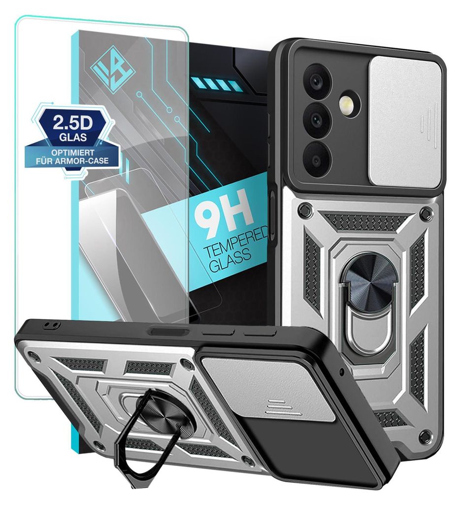 Armor Handyhülle für Samsung Galaxy A26 5G mit 9H Displayglas Displayschutz Kameraschutz Handy Panzer Case Cover Schutzhülle Outdoor Farbe: Silber