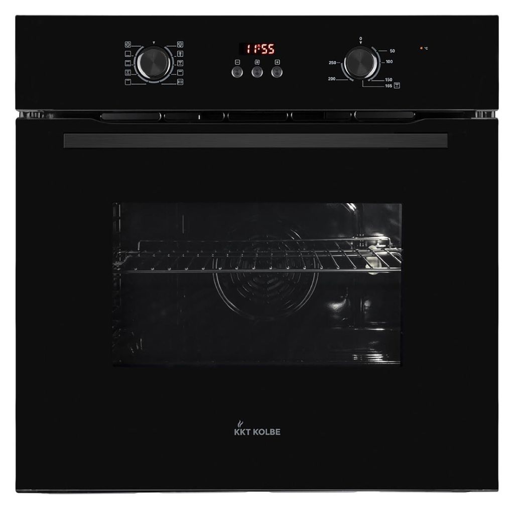 A black built-in oven with its door open, showing the interior and racks.