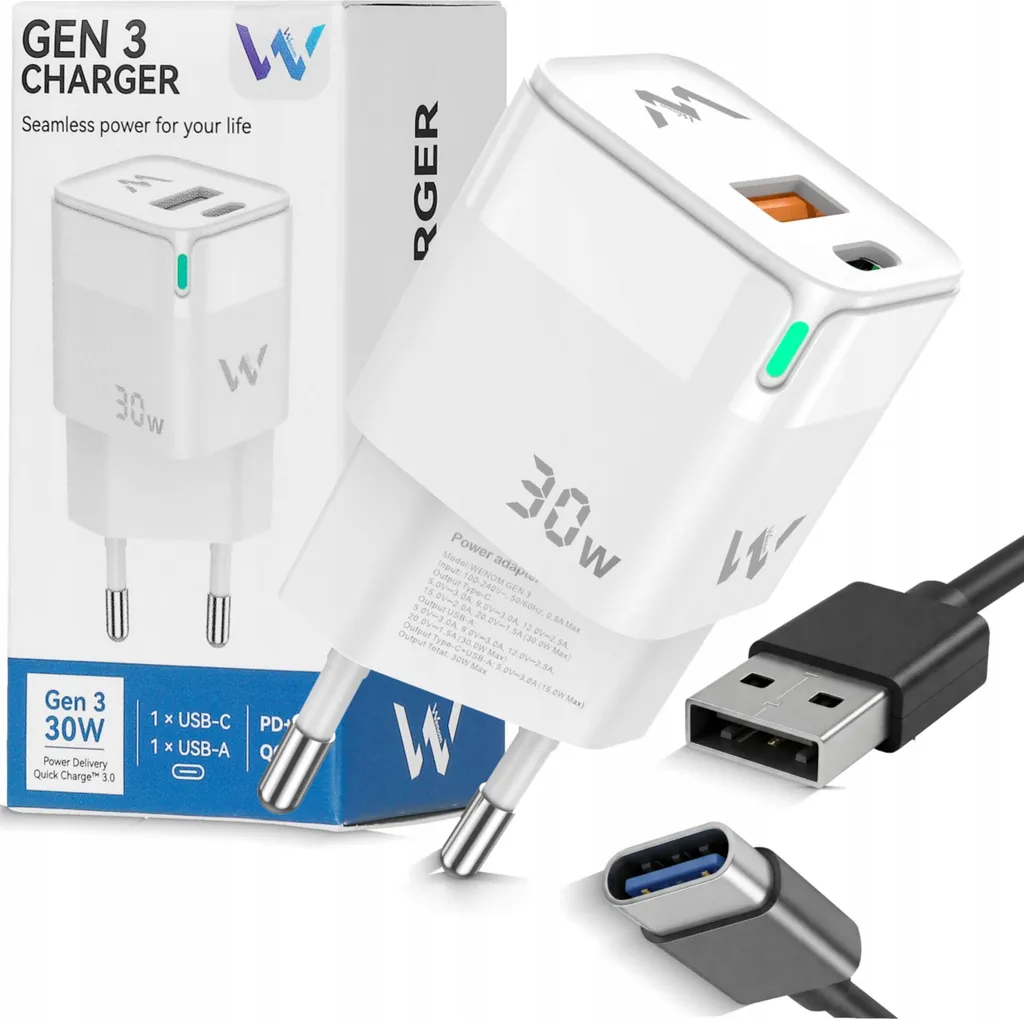 Chargeur WENOM GEN 3 USB-C + USB-A PD 30W Rapide d'Origine Blanc