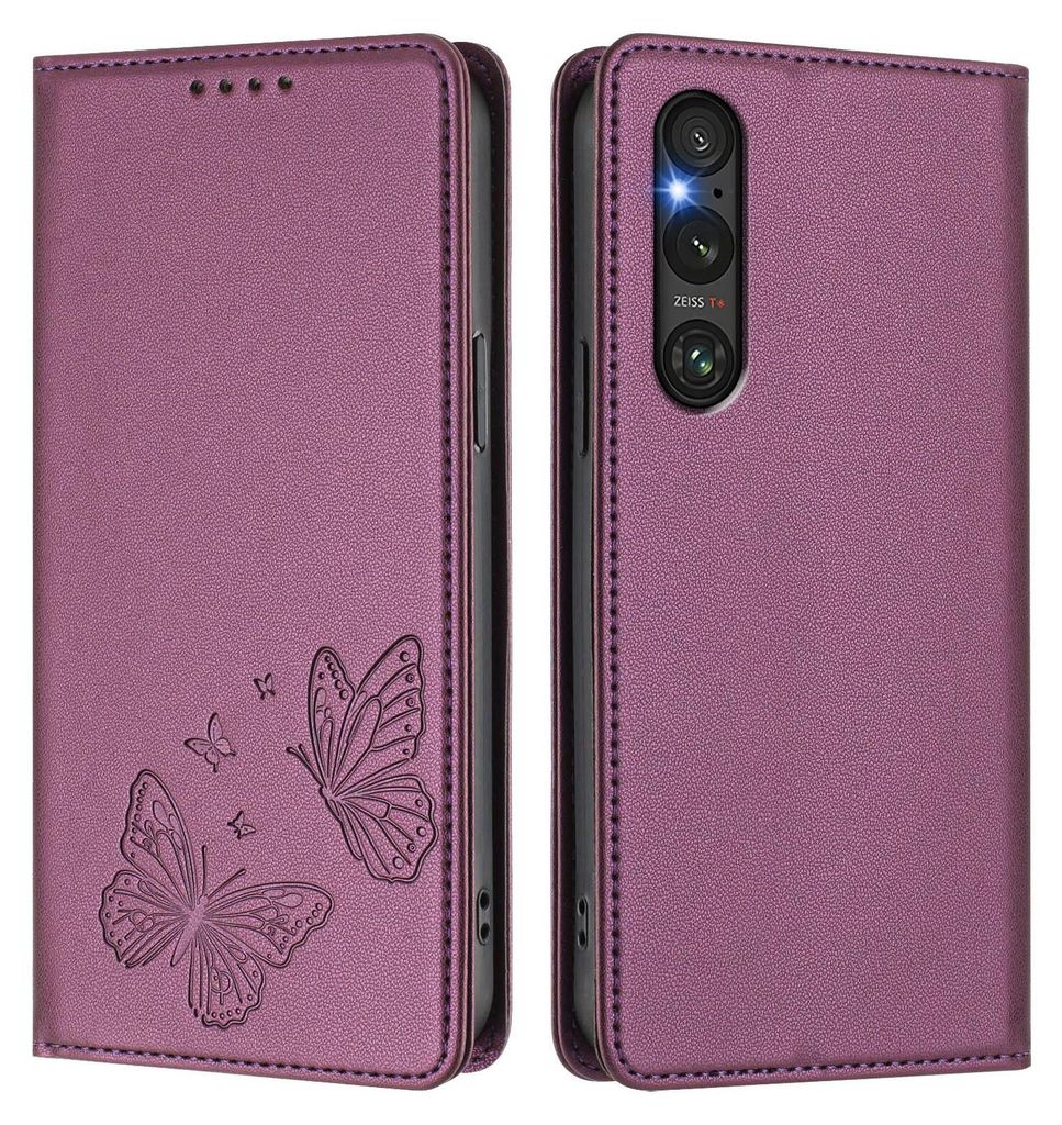 Lederhülle für Sony Xperia 1 V, Schmetterling Prägung Leder Brieftasche Schutzhülle mit Ständer Lila