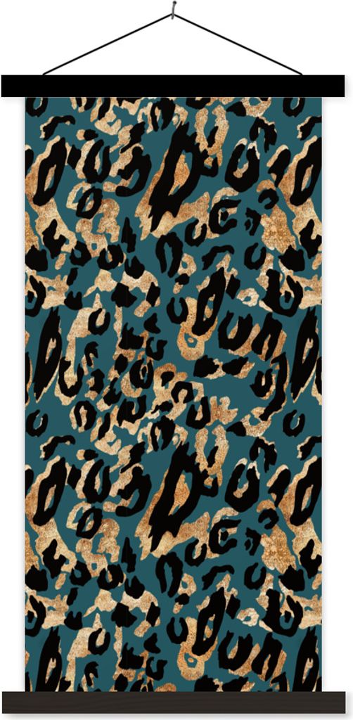 MuchoWow Textilposter Pantherdruck - Schwarz - Braun - Türkis 60x120 cm mit schwarzem Rahmen - Magnete