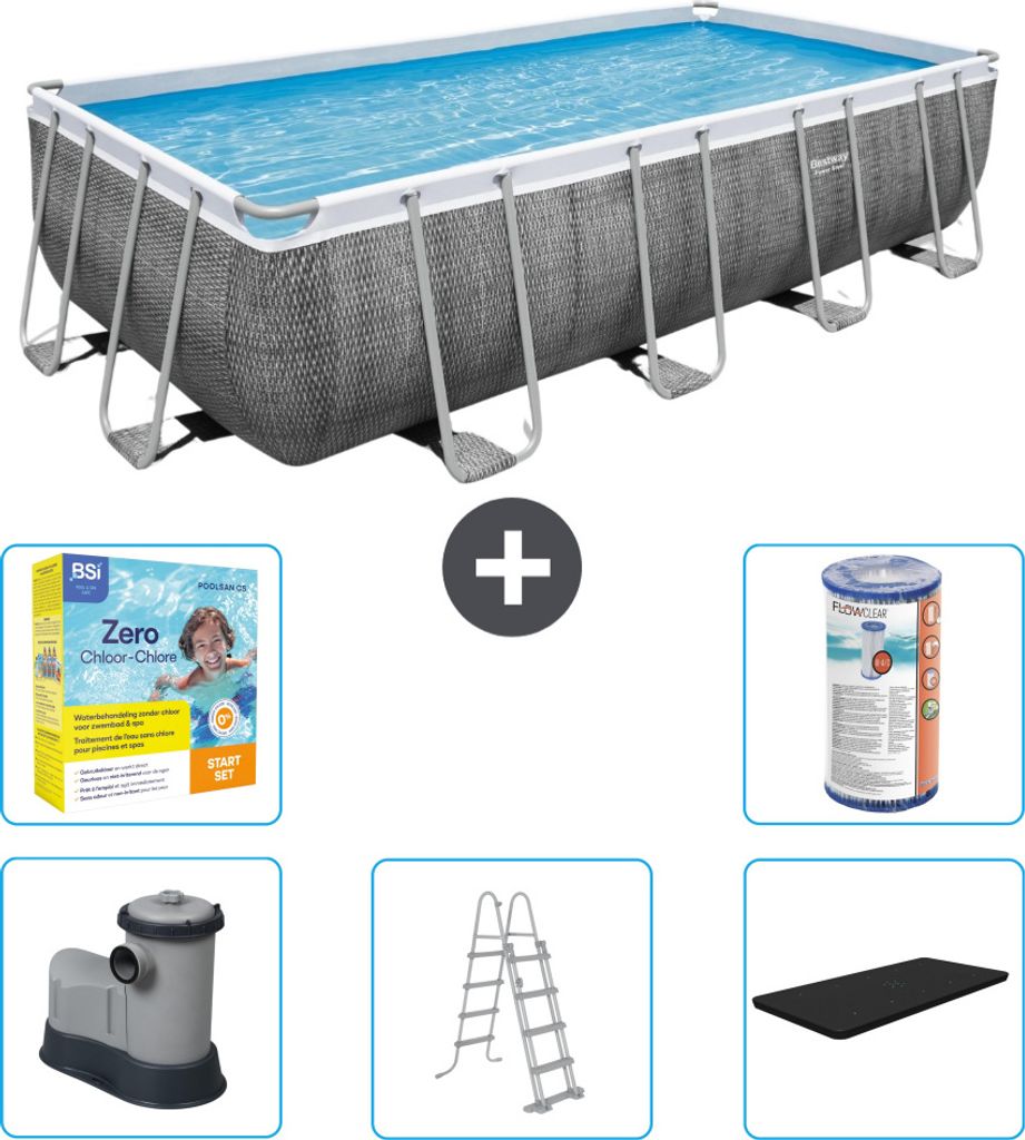 Bestway rechteckiges Power Steel-Schwimmbecken – Rattan-Druck – 549 x 274 x 122 – inklusive Pumpe – Leiter – Abdeckung Wartungspaket - Fi...