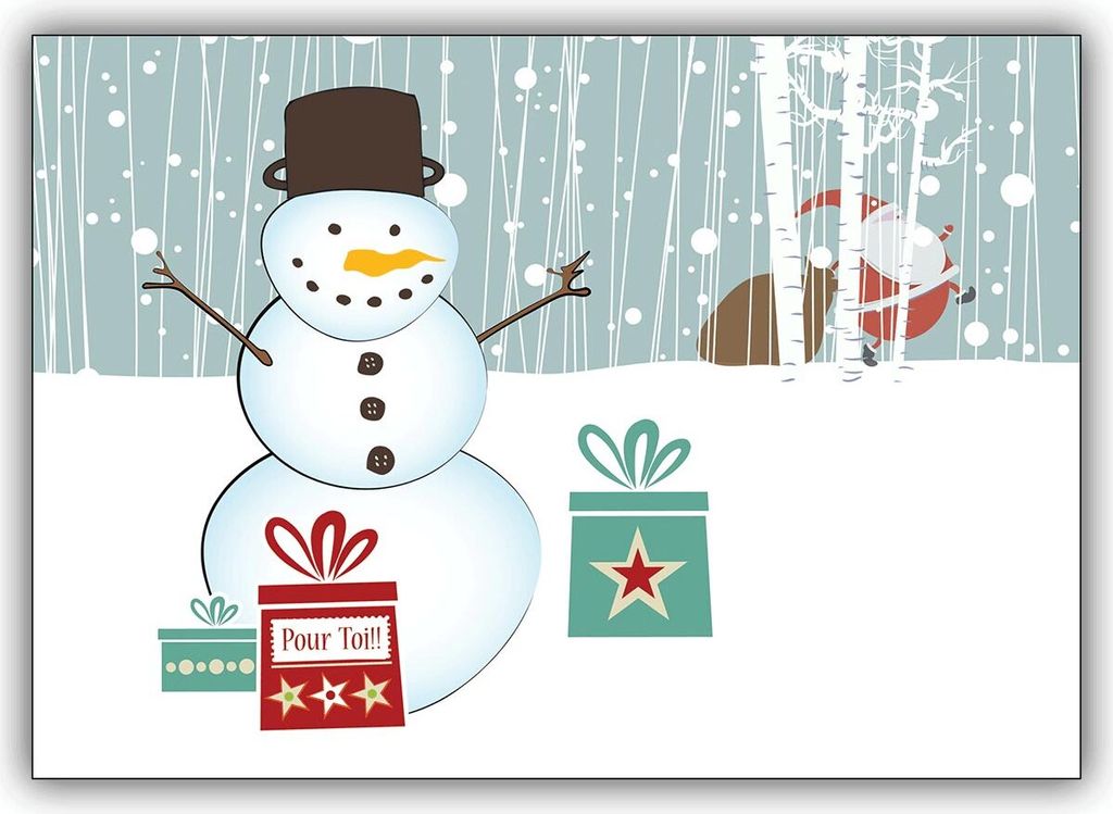 4x Französische Weihnachtskarte mit Schneemann zwischen Geschenken