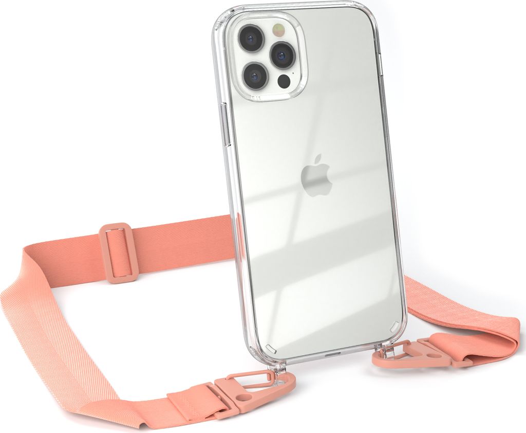 EAZY CASE - Hülle mit Band für Apple iPhone 12 / 12 Pro, Handyhülle mit Umhängeband, Silikonhülle transparent, Handykette in Orange