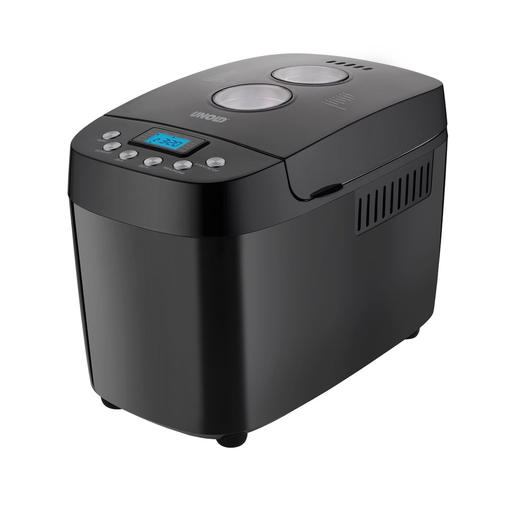 Der Brotbackautomat Unold Backmeister® Big in Schwarz verfügt über eine digitale Anzeige, Bedientast