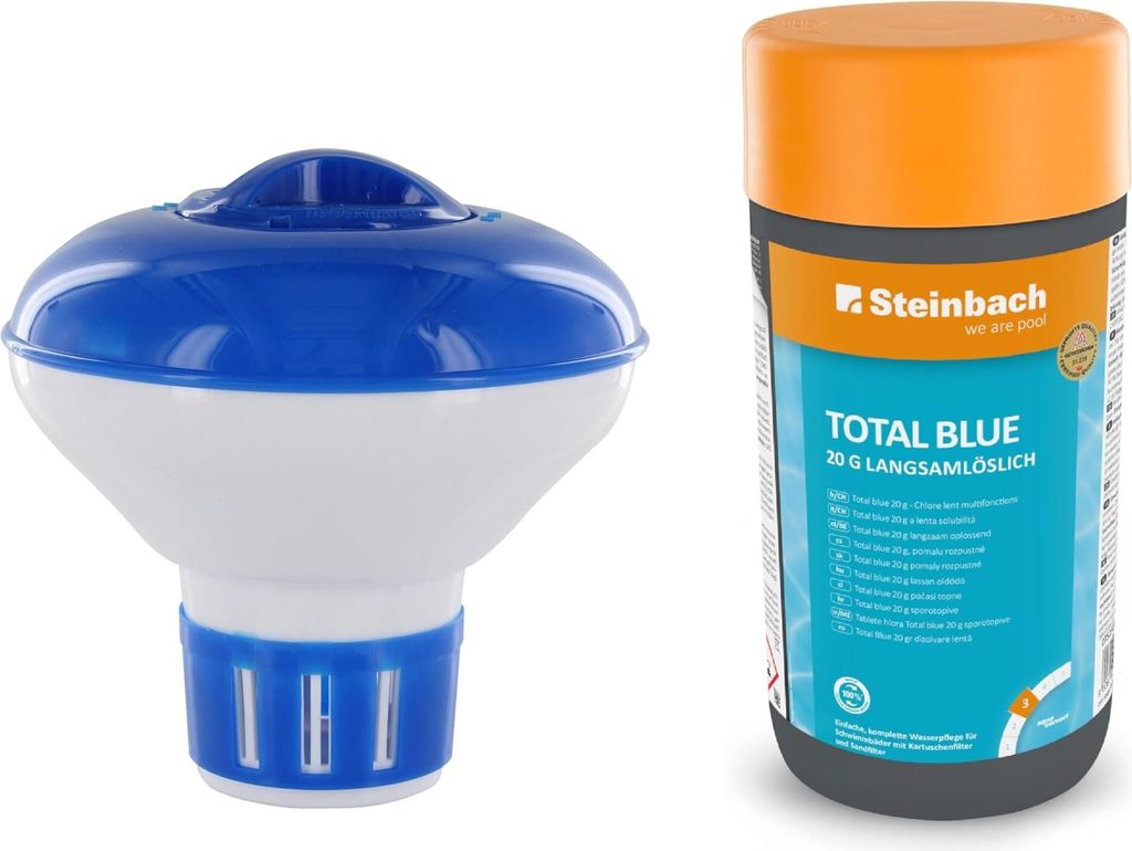 Steinbach | Dosierschwimmer Starter Kit inkl. Total Blue | 12,5 cm Ø | langsamlöslich 20 g | Poolwasser sauber und kristallklar | ideal zur Poolp...
