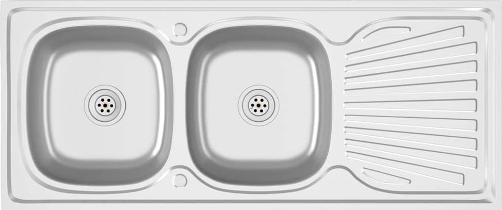 A top-down view of a stainless steel double sink with a draining board.
