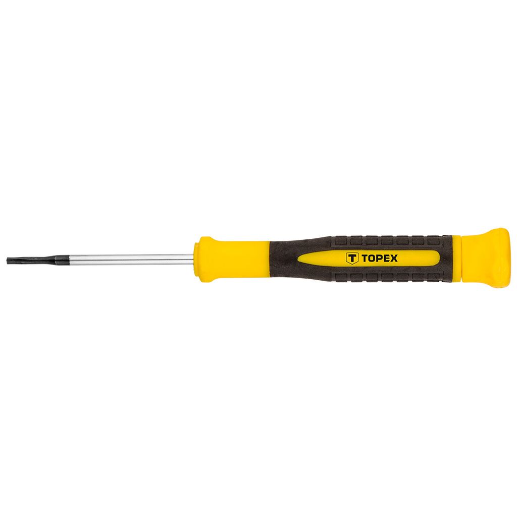 A precision screwdriver with a yellow and black handle is shown against a white background.