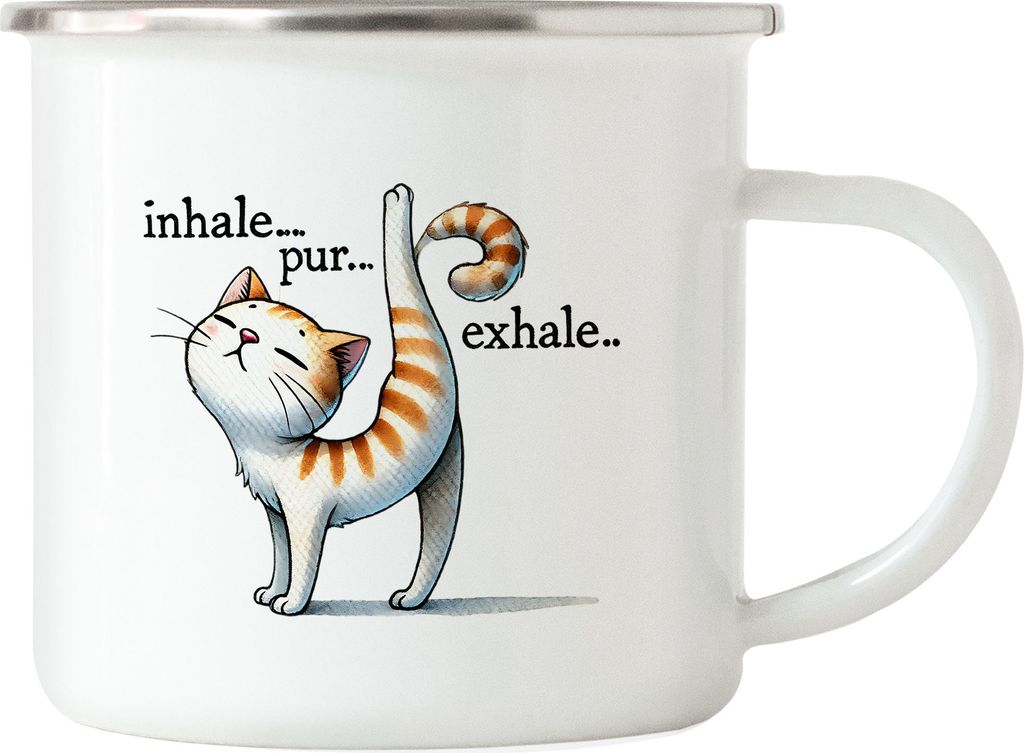 Inhale Pur Exhale Emaille-Tasse Geschenkidee für Yoga-Fans und Katzenliebhaber