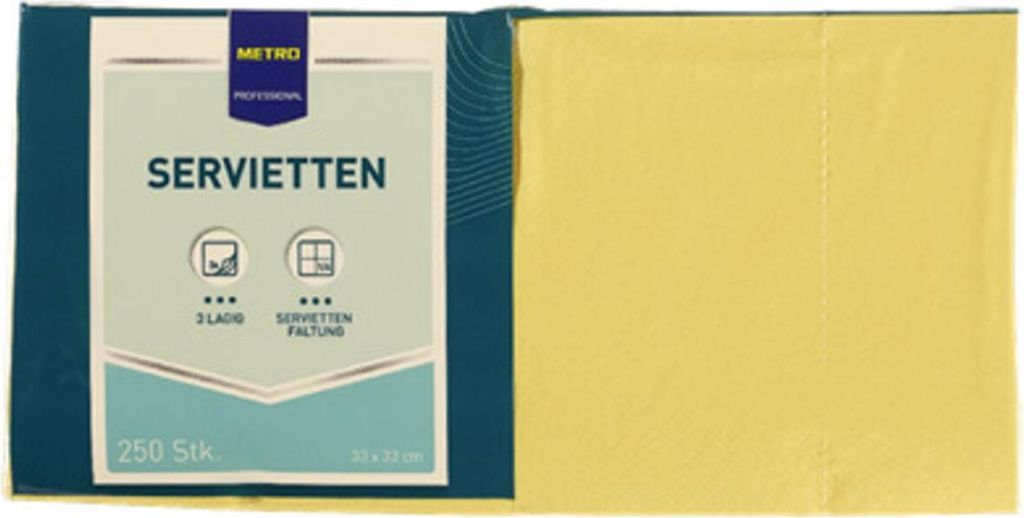 METRO PROFESSIONAL 912913 Servietten Zellltuch, 33x33cm, 3-lagig, 250 Stück, gelb