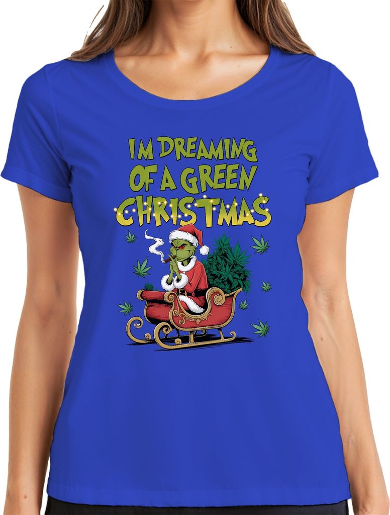 I'm Dreaming of a green Christmas Weed Grinch Kiffer - Weihnachten Christmas Xmas Damen T-Shirt, Blau, XXL
