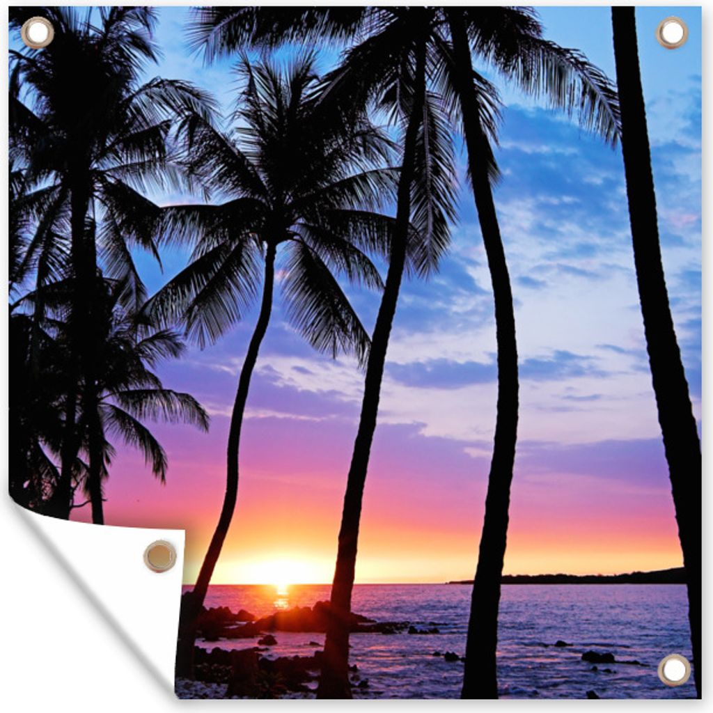 MuchoWow 50x50 cm Outdoor-Poster Gartendeko Sichtschutz Garten Poster für den Garten Eine Silhouette von Palmen während eines Sonnenuntergangs...