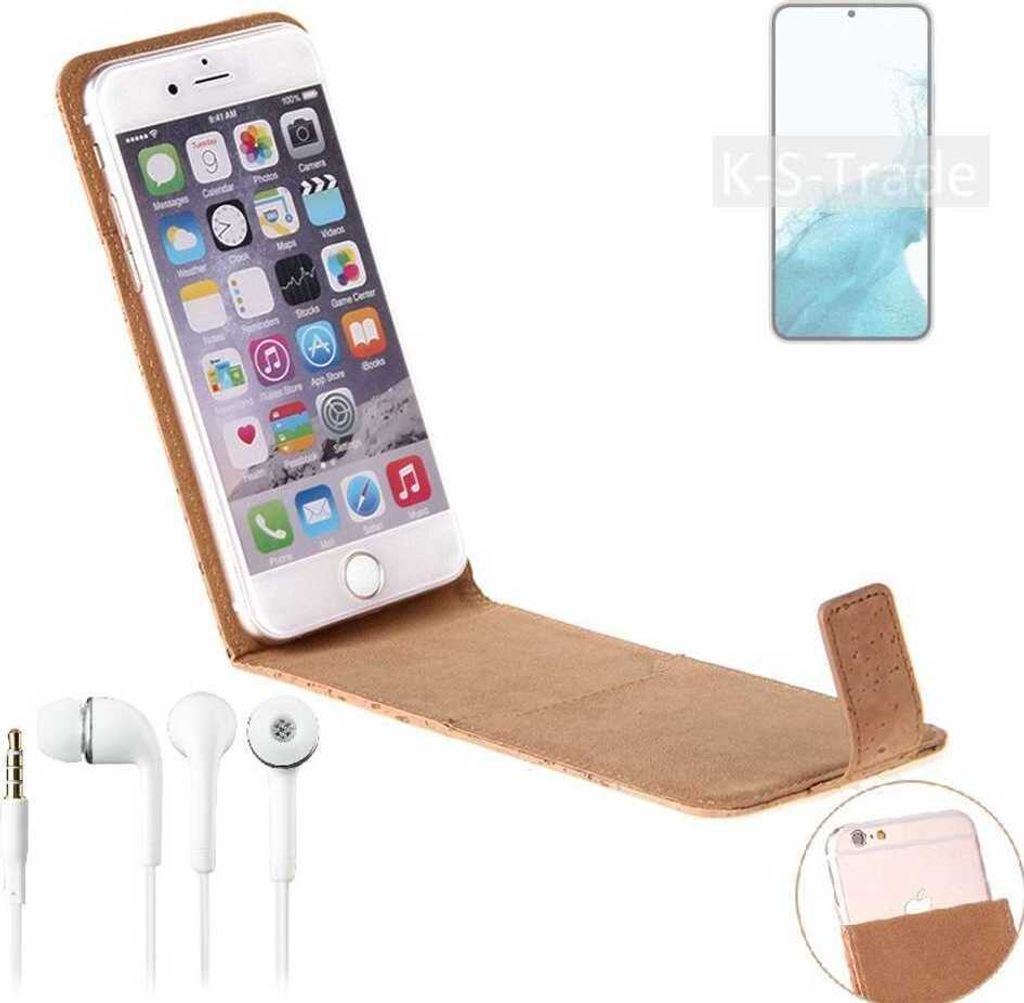 K-S-Trade Schutzhülle mit Kopfhörer kompatibel mit Samsung Galaxy S22+ Exynos Handyhülle Cover Kork Tasche Flipstyle Case