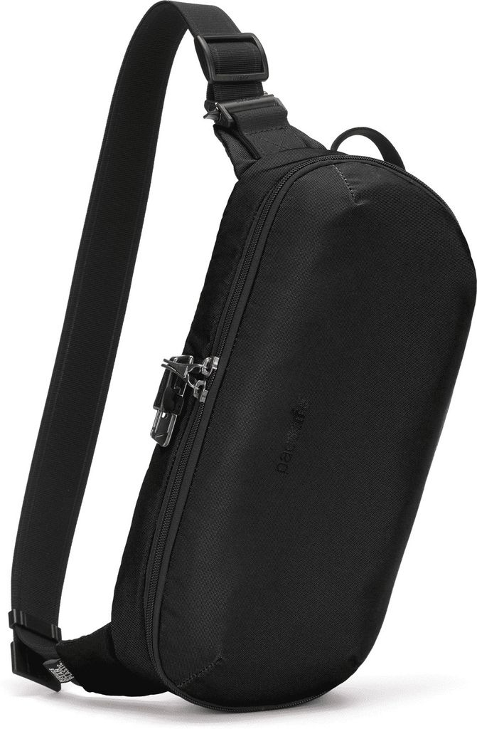 A black sling bag is shown against a white background.