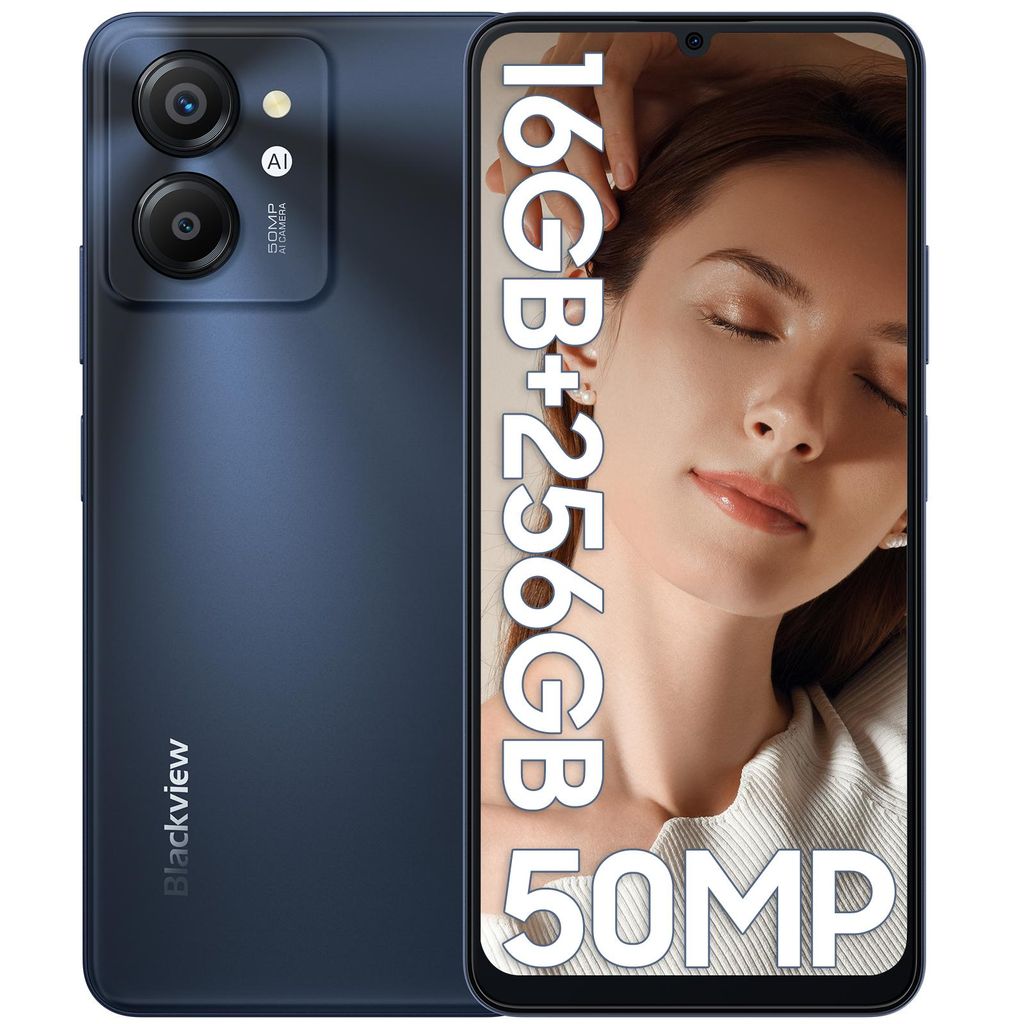 A smartphone is shown with a woman's face overlaid on the screen, and text highlighting specifications.