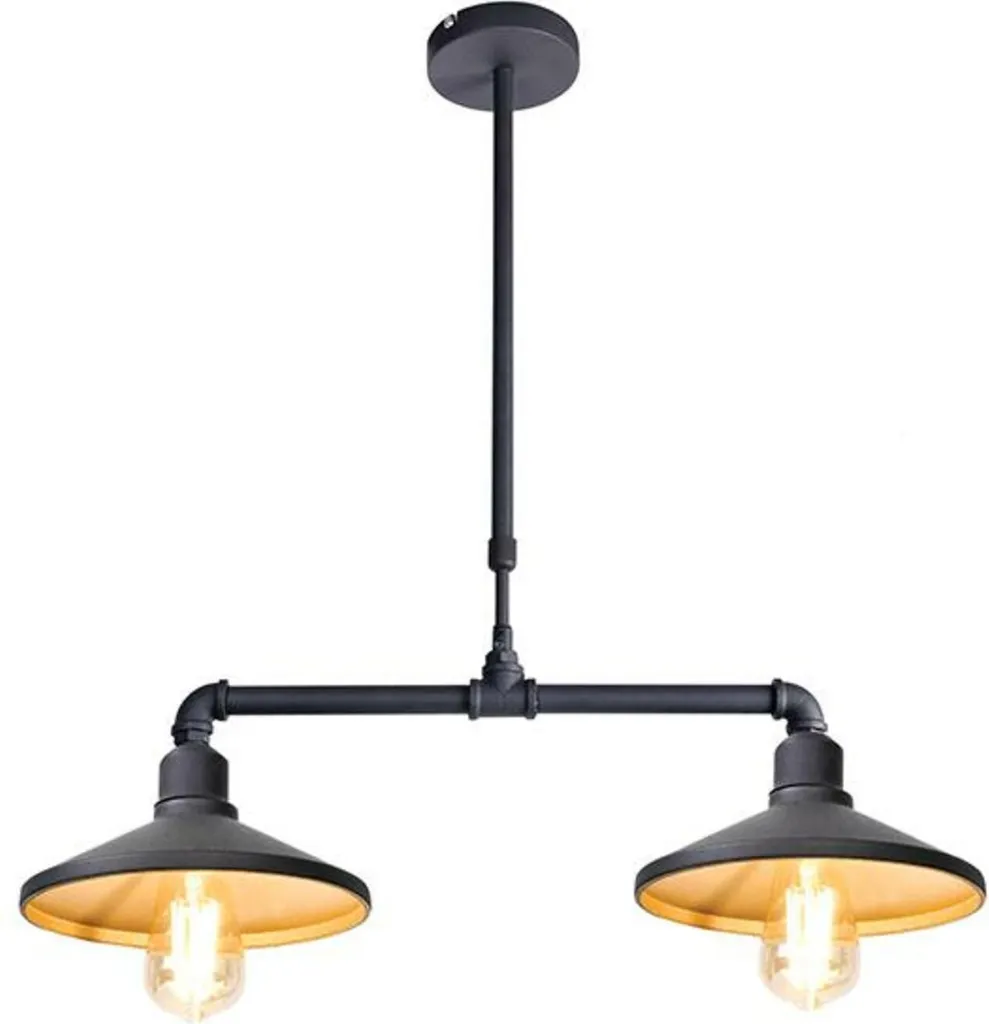 Suspension industrielle 2 lumières E27 noir et métal doré TUYAU 63cm