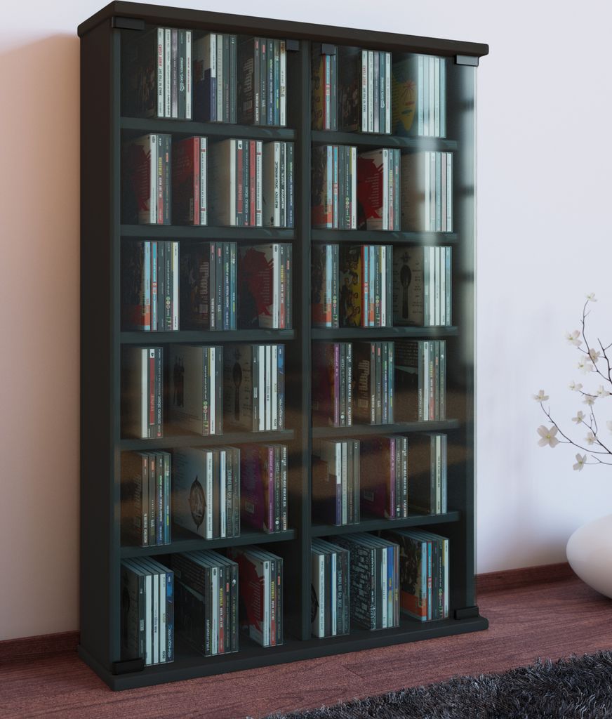 VCM CD Regal Holz | CD Schrank mit ESG-Sicherheitsglastüren für 300 CDs oder 130 DVDs oder 72-Videos| Maße: H. 92 x B. 60 x T. 18 cm | Elegantes...