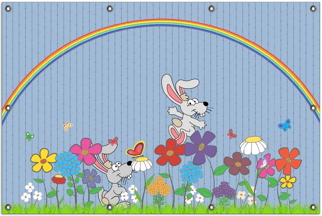 Wallario Outdoor-Poster für Garten oder Balkon, Motiv Süße Hasen unter einem Regenbogen, in ca. 100 x 150 cm