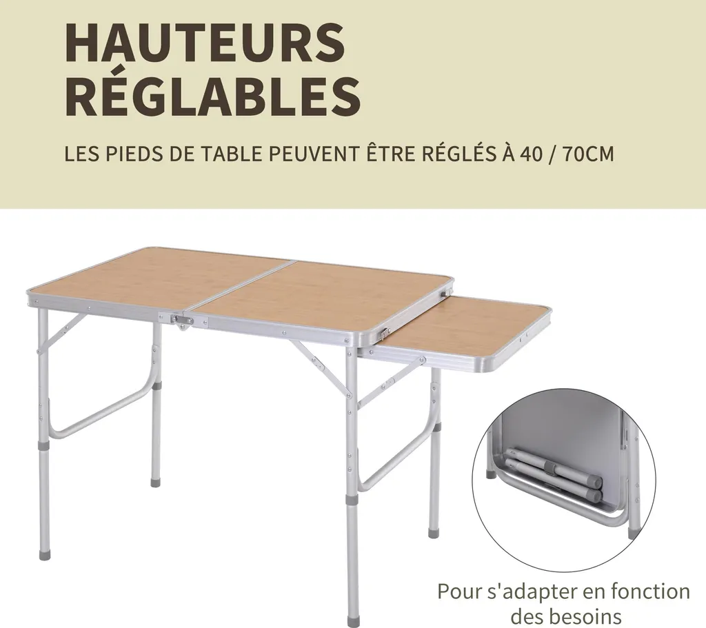 Table de Camping Stable pour Sol Irrégulier et Plateau Extensible