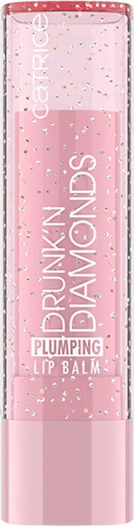 A close-up studio shot of a pink lip balm with glitter.
