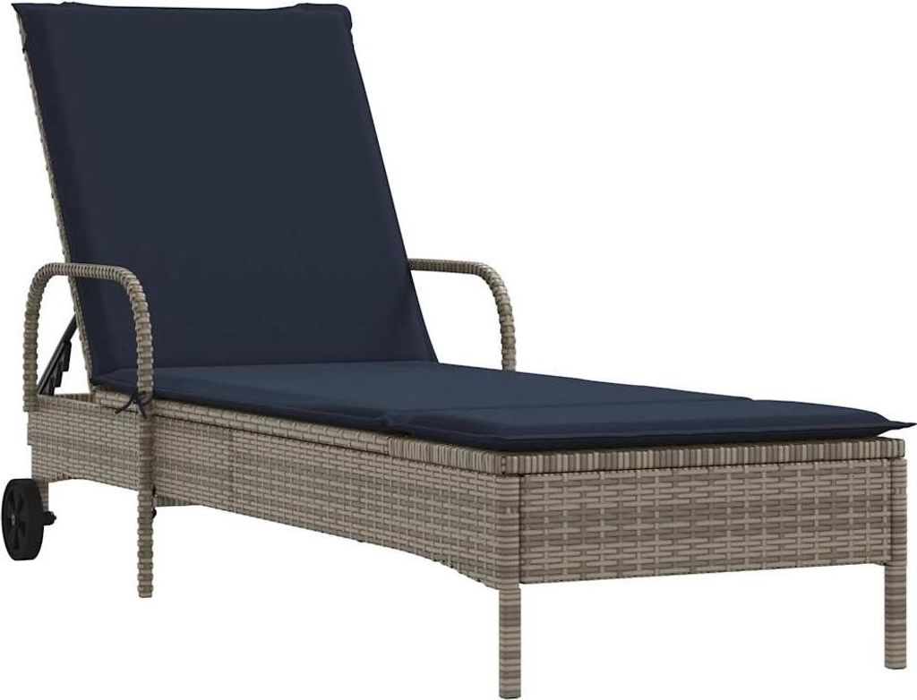 vidaXL Sonnenliege mit Rollen und Kissen Grau Poly Rattan
