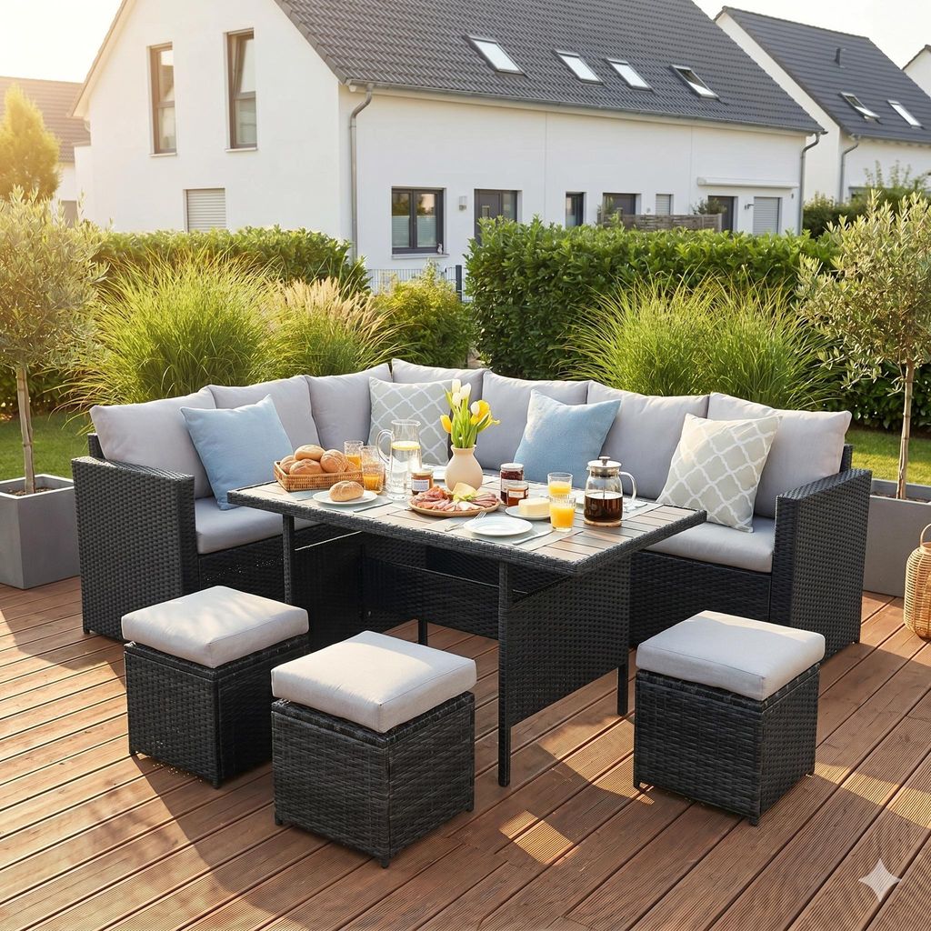 MeXo Gartenlounge Set 8 Personen Lounge Gartenmöbelset Polyrattan Essgruppe wetterfest Ecklounge mit großem Esstisch 132×76×67 cm, L-Form mit 3...