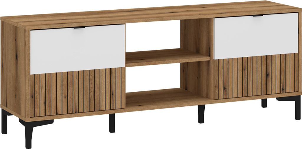 TV Lowboard Eiche mit weiß und Rillenoptik ca. 135 cm breit RISBY-129