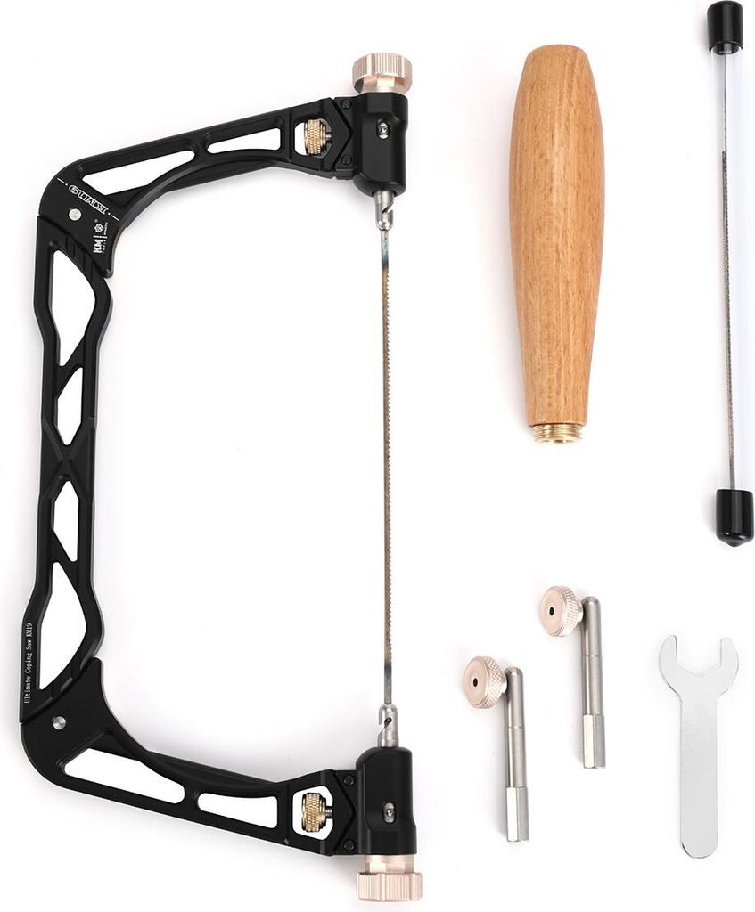 A set of woodworking tools, including a coping saw frame, a wooden handle, and spare blades, laid out on a white background.