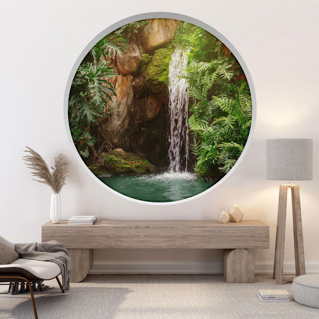 Trompe-l'œil-Aufkleber Runde Bogen - Lumaléa - Wasserfall - Durchmesser 90 cm