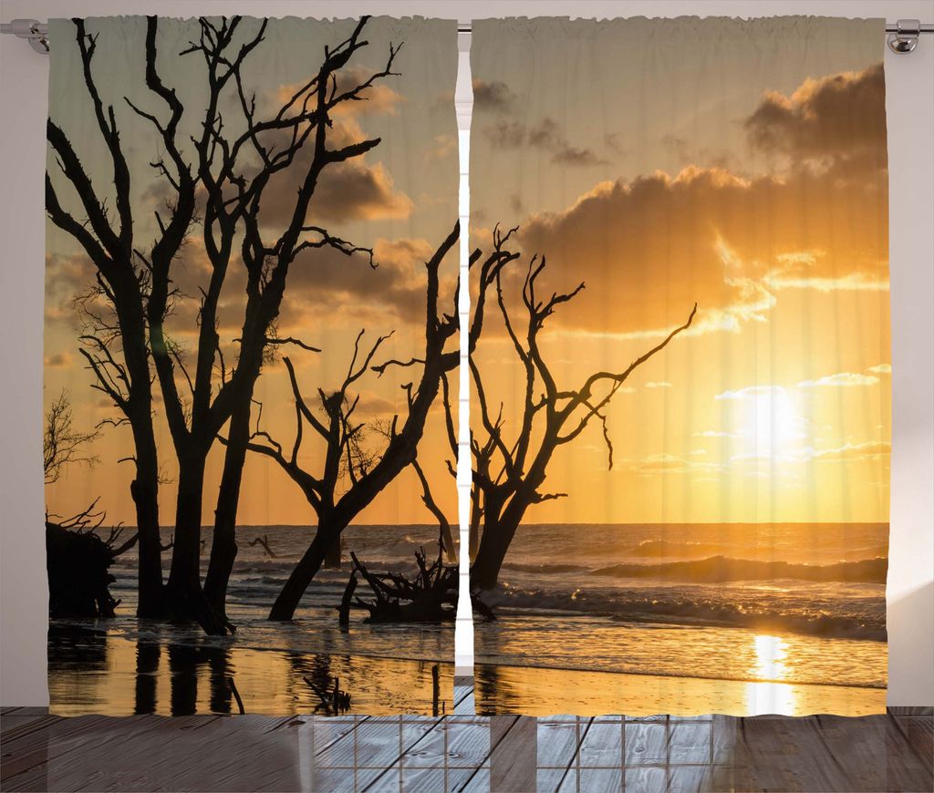 ABAKUHAUS Digital Rustikaler Vorhang, Sonnenaufgang am Strand Bäume, Wohnzimmer Universalband Gardinen mit Schlaufen und Haken, 280 x 245 cm, Orange