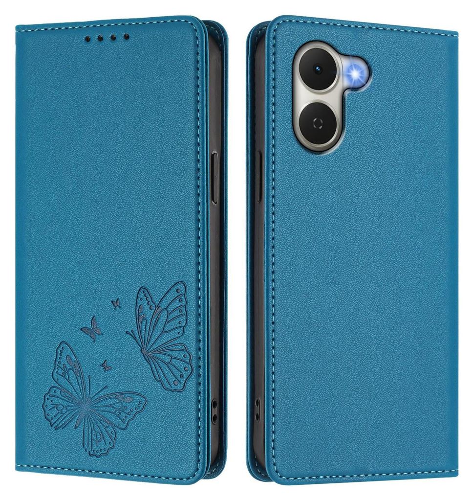 Lederhülle für Tecno Spark Go 3, Schmetterling Prägung Leder Brieftasche Schutzhülle mit Ständer Blau