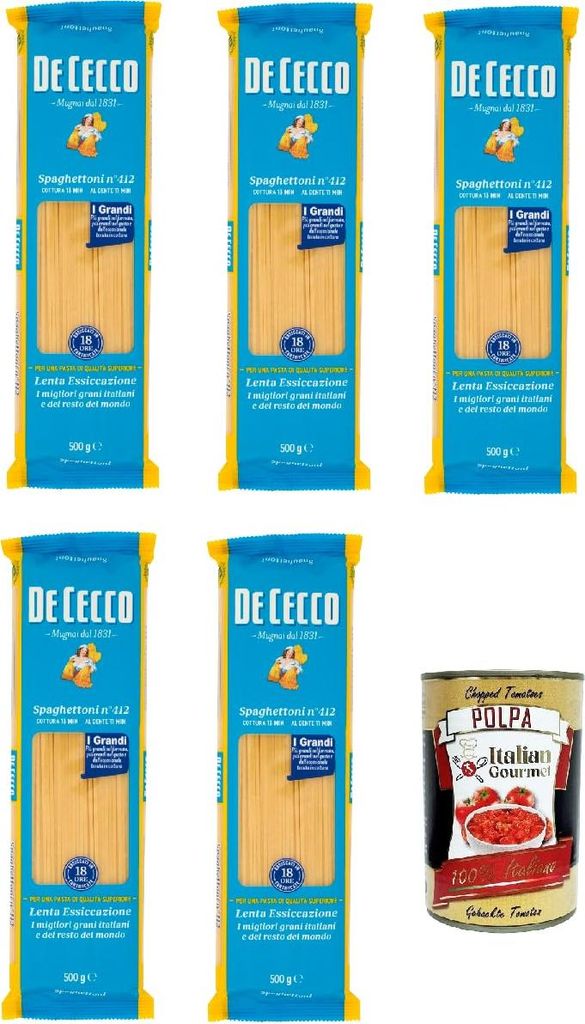 De Cecco Spaghettoni N°412, 100% Italienisch Pasta Nudeln 5x 500g + Italian Gourmet Polpa 400g