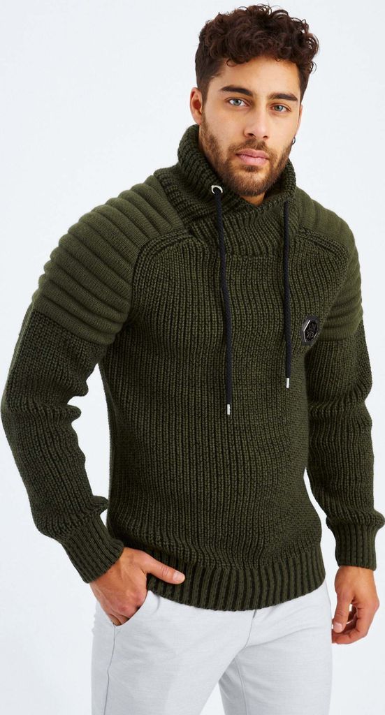 Leif Nelson Schalkragen Herren Strickpullover Grobstrick Schalkragen LN-5235, Khaki Schwarz / XXL