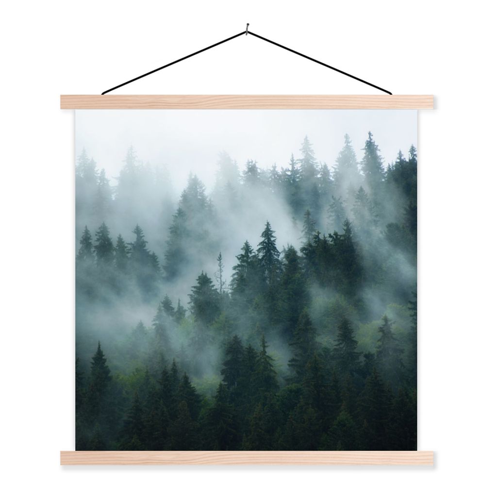 MuchoWow Textilposter Nebel - Bäume - Wald 40x40 cm mit holzfarbenen Rahmen - Posterleiste