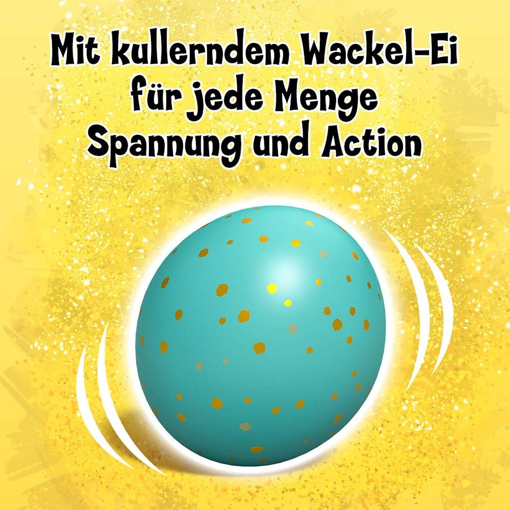 A teal egg with orange spots is shown on a yellow, textured background. White lines suggest movement or vibration around the egg.