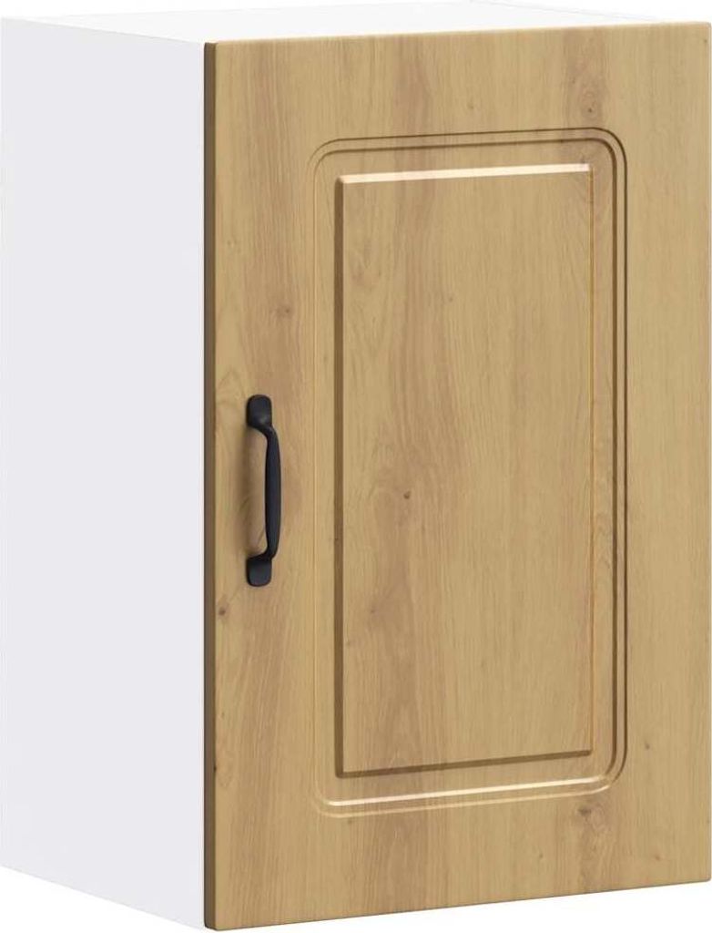 A single kitchen cabinet with a wooden door and a black handle against a white background.