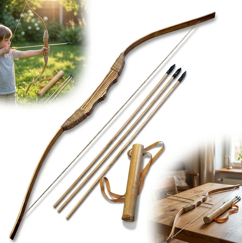 Arco in legno da 95 cm con faretra e 3 frecce Immagine del prodotto 