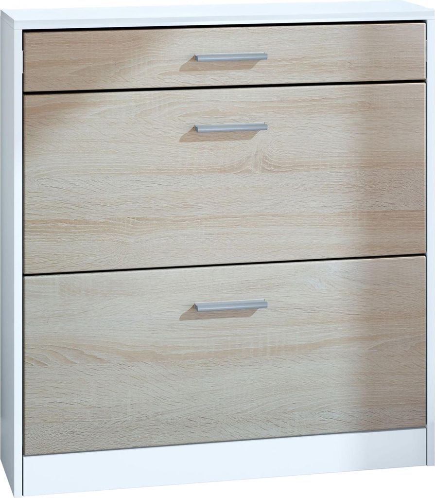 InnoFurn Schuhschrank Roma Schmal mit 2 Klappen und 1 Schublade, Platzsparender Schuhkipper Flurschrank für Diele Flur Garderobe, Weiß matt/Eiche...