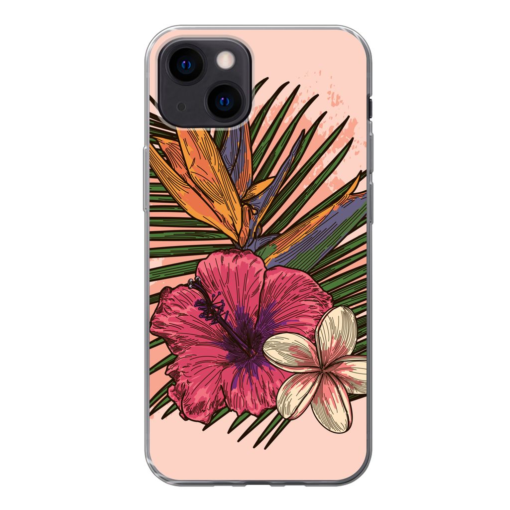 MuchoWow Handyhülle Schutzhülle Hülle für iPhone 13 mini Blumen - Tropisch - Rosa Silikon Softcase Handy Hülle - Softcase
