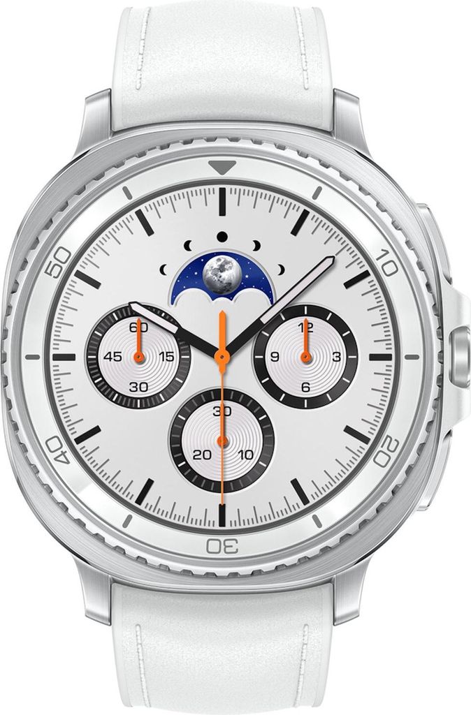 A close-up, front-facing view of a white Samsung Galaxy Watch with a silver bezel and white leather strap.
