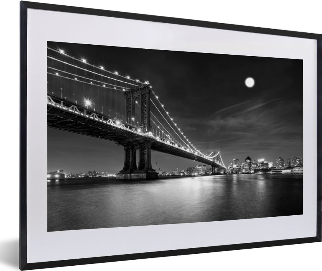 MuchoWow MuchoWow Gerahmtes Poster New York - Brücke - Manhattan - Schwarz - Weiß 60x40 cm - Poster mit zchwarzem Bilderrahmen - Schlafzimmer...