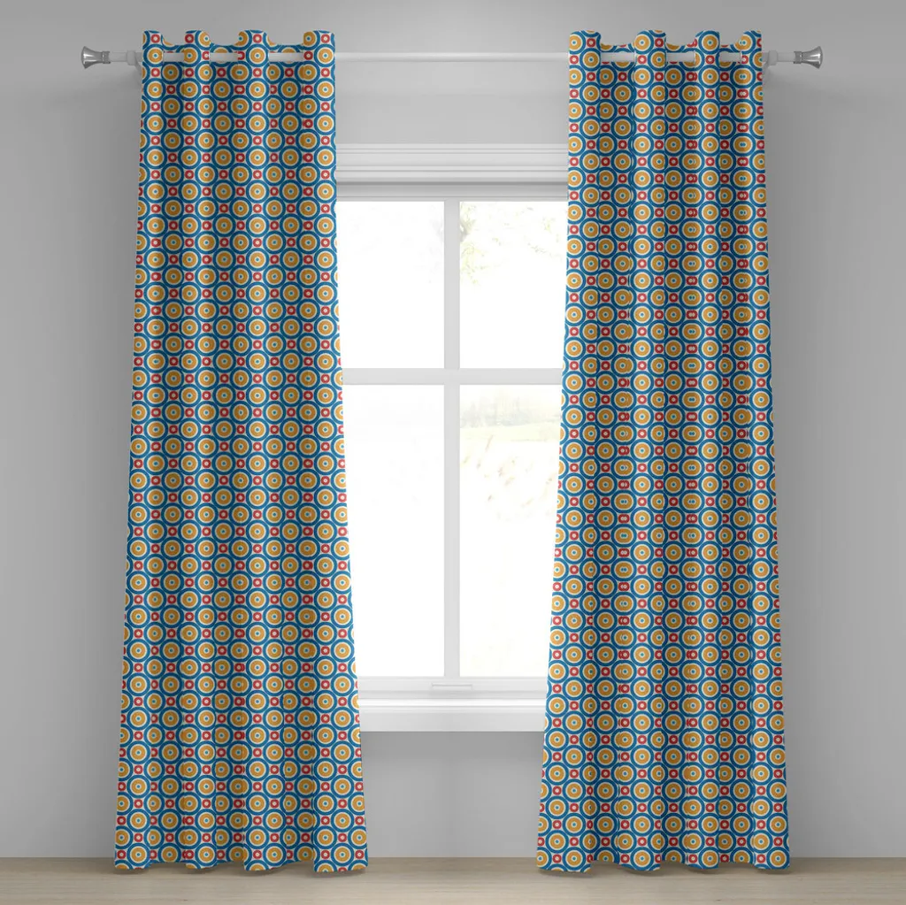 Rideau à œillets pour salon déco rétro symétrique bleu et marigold 280cm